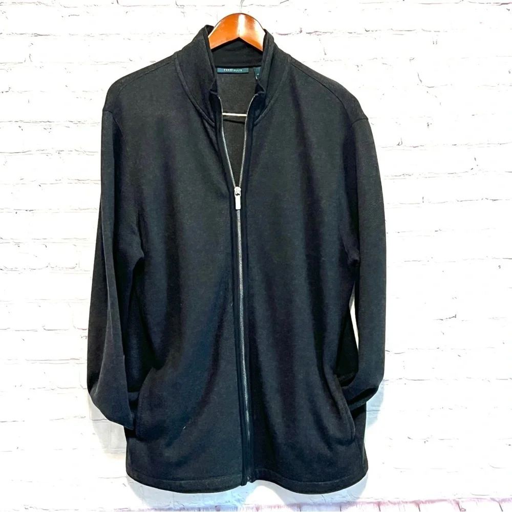 Perry Ellis Men’s Full Zip Rib Knit Ottoman Collard Sweater Black Size L